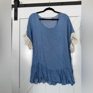 Blue Women's Top with Cream Accents